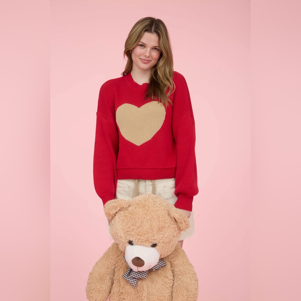 Heart Jacquard Crew Neck Knit Pullover Sweater